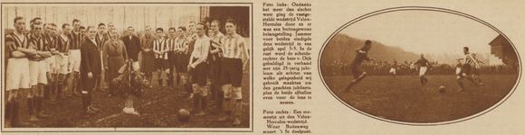 872840 Collage van 2 foto's betreffende de Utrechtse voetbalderby Velox-Hercules, die eindigde in 5-5; met links een ...